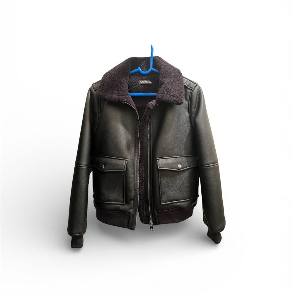 Lauren Ralph Lauren Black Bomber Jacket with Shearling Collar